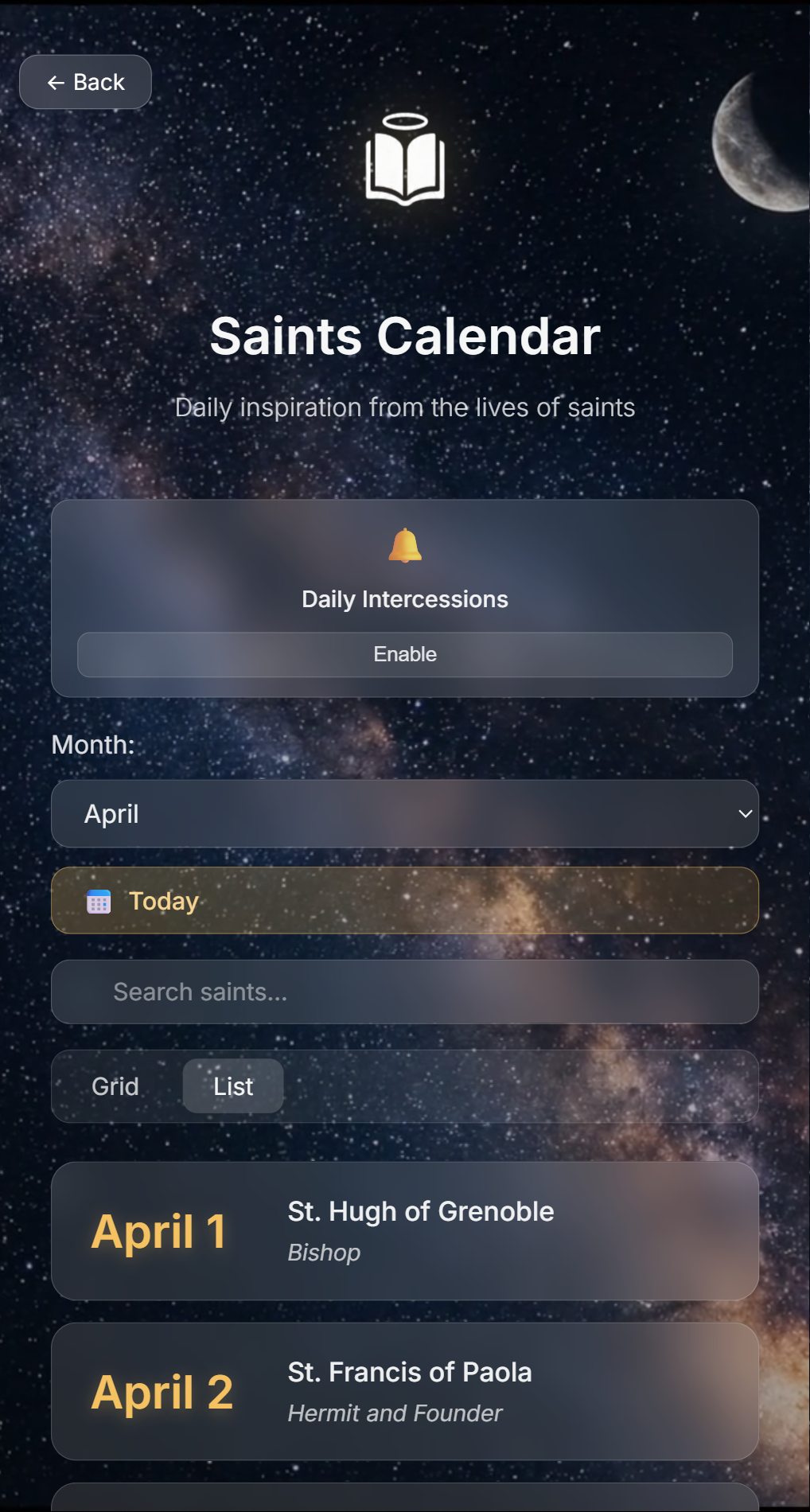Saints Stories and Calendar screen