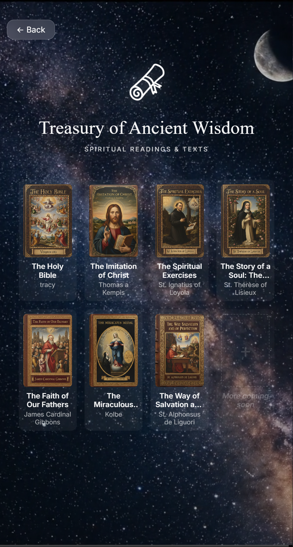 Spiritual Readings screen